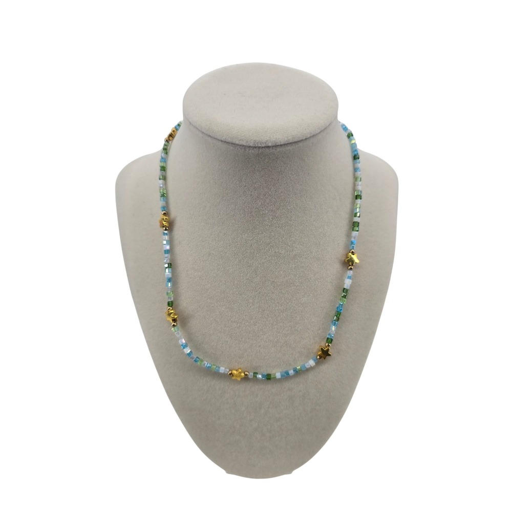 Beaded Necklace Women OS Star Charm Blue Green Gold Celestial EUC